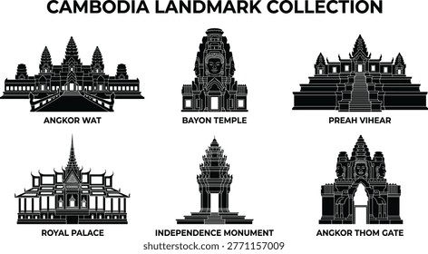 Cambodia landmark collection including Angkor Wat, Bayon Temple, and Royal Palace silhouettes, ancient Khmer architecture monuments for travel tourism icons, historic landmarks.