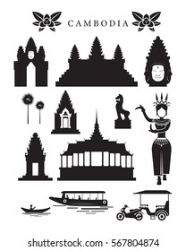 Cambodia Landmarks and Culture Object Set, Design Elements, Black and White, Silhouette