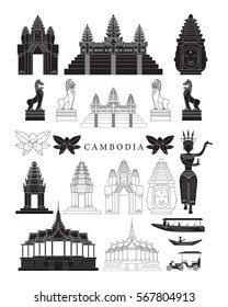 Cambodia Landmarks and Culture Object Set, Design Elements, Black and White, Line and Silhouette