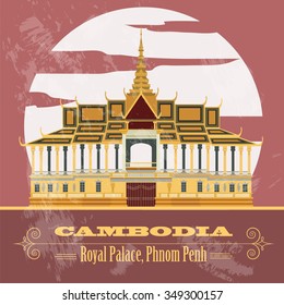 Cambodia landmarks. Royal Palace, Phnom Penh. Retro styled image. Vector illustration