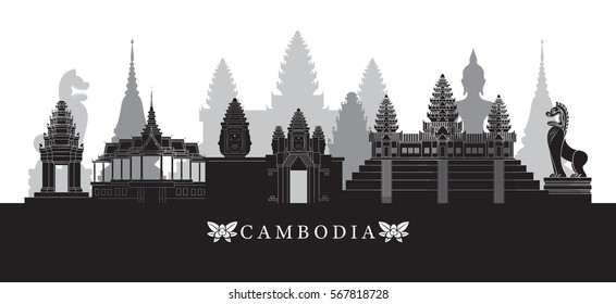 Cambodia Landmarks Skyline in Black and White, Cityscape, Travel and Tourist Attraction