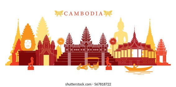 Cambodia Landmarks Skyline, Colorful, Cityscape, Travel and Tourist Attraction
