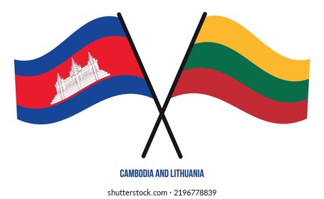 Cambodia and Lithuania Flags Crossed And Waving Flat Style. Official Proportion. Correct Colors.