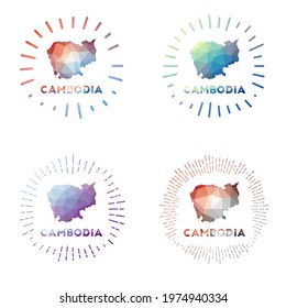 Cambodia low poly sunburst set. Logo of country in geometric polygonal style. Vector illustration.