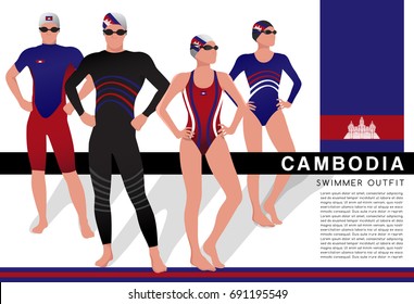 Cambodia : Male and Female Swimmers : Swimmers in National Swimsuits : Vector Illustration