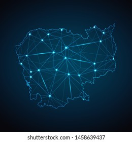 Cambodia Map - Abstract geometric mesh polygonal network line, structure and point scales on dark background with lights in the form of cities. Vector illustration eps 10.