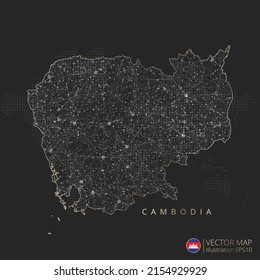 Cambodia map abstract geometric mesh polygonal light concept with black and white glowing contour lines countries and dots on dark background. Vector illustration