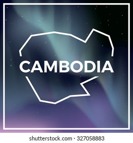 Cambodia map against the backdrop of polar lights on the starry sky. Aurora borealis abstract vector background. EPS10 contains transparency, mesh gradients used.
