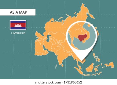 Kambodscha Karte in Asien Zoom-Version, Symbole zeigen Kambodscha Lage und Flaggen.