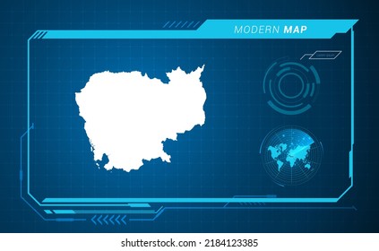 Cambodia map of blue digital frame HUD, GUI, UI interface technology radar vector.