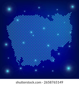 Mapa do Camboja em azul. Mapa pontilhado. Mapa de Dots Kingdom of Cambodia com holofotes sobre fundo azul escuro.  Rede social global.  Fundo futurista azul com mapa pontilhado . EPS10