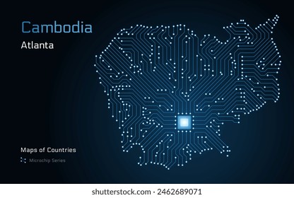 Cambodia Map with a capital of Phnom Penh Shown in a Microchip Pattern with processor. E-government. World Countries vector maps. Microchip Series