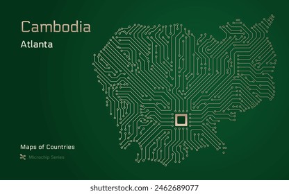 Cambodia Map with a capital of Phnom Penh Shown in a Microchip Pattern with processor. E-government. World Countries vector maps. Microchip Series