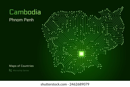 Cambodia Map with a capital of Phnom Penh Shown in a Microchip Pattern with processor. E-government. World Countries vector maps. Microchip Series