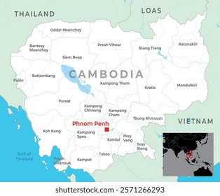 Cambodia map, capital Phnom Penh, with national borders