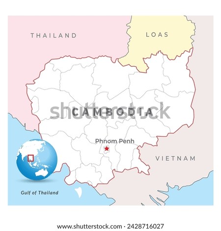 Cambodia map, capital Phnom Penh, with national borders