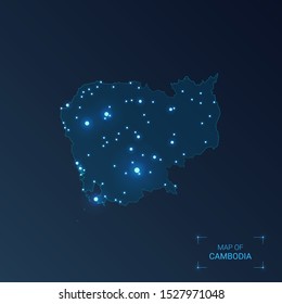 Cambodia map with cities. Luminous dots - neon lights on dark background. Vector illustration. 