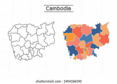 Cambodia map city vector divided by colorful outline simplicity style. Have 2 versions, black thin line version and colorful version. Both map were on the white background.