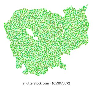 Cambodia Map collage of dots in different sizes and eco green shades. Circle dots are organized into cambodia map vector composition. Fresh vector illustration.