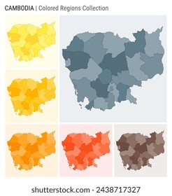 Cambodia map collection. Country shape with colored regions. Blue, Grey, Yellow, Amber, Orange, Deep Orange, Brown color palettes. Border of Cambodia with provinces for your infographic.