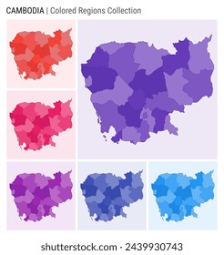 Cambodia map collection. Country shape with colored regions. Deep Purple, Red, Pink, Purple, Indigo, Blue color palettes. Border of Cambodia with provinces for your infographic. Vector illustration.