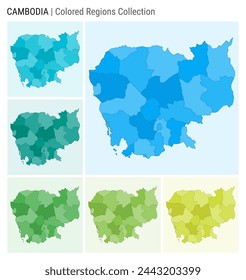 Cambodia map collection. Country shape with colored regions. Light Blue, Cyan, Teal, Green, Light Green, Lime color palettes. Border of Cambodia with provinces for your infographic.