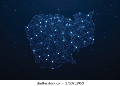 Conexión a mapa de Camboya. Resumen Tecnología Digital 3D Mesh Línea de red poligonal, área de diseño, punto y estructura en fondo oscuro. EPS10 de ilustración vectorial.
