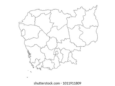 cambodia map with country borders, thin black outline on white background. High detailed vector map with counties/regions/states - cambodia. contour, shape, outline, on white.