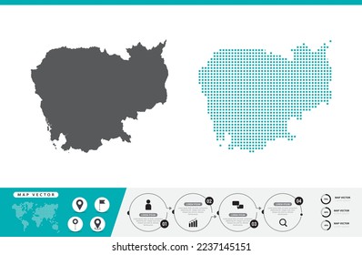 Mapa camboyano de puntos grises y verdes para presentación. Establece el concepto creativo de un par de píxeles para infografía.