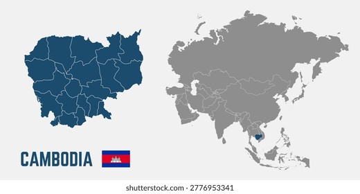 Cambodia map. Cambodia flag. Asia and Cambodia maps with regions. Asia map isolated on white background. High detailed. Vector illustration