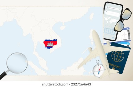 Cambodia map and flag, cargo plane on the detailed map of Cambodia with flag, passport, magnifying glass and airplane. Vector template.