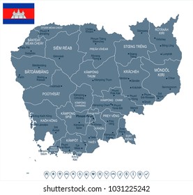 Cambodia map and flag - High Detailed Vector Illustration
