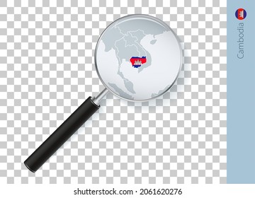Cambodia map with flag in magnifying glass on transparent background. Vector loupe with map.