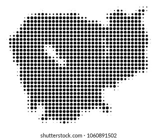 Cambodia Map halftone vector pictogram. Illustration style is dotted iconic Cambodia Map icon symbol on a white background. Halftone matrix is round blots.