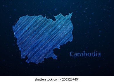 Cambodia map hand drawn scribble sketch.Vector map in futuristic style on dark blue space background. Vector illustration.
