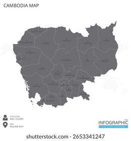 Cambodia map high detailed with regions and cities of the country on white background. Vector illustration EPS10.