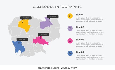 Kambodscha Karte Infografik Vorlage mit 4 Optionen. Infografik zur Verwaltungskarte Kambodschas für die Präsentation.