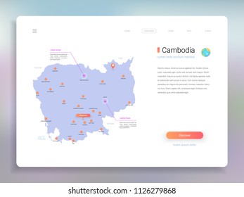 Cambodia map infographics vector template with cities, capital Phnom Penh and pointer marks.