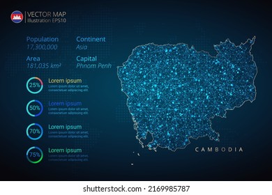 Cambodia map infographics vector template with abstract geometric mesh polygonal light concept on blue background. Template for diagram, graph, presentation and chart.