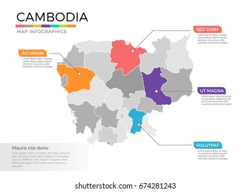 Cambodia map infographics vector template with regions and pointer marks