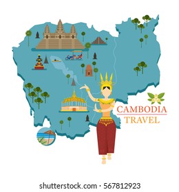 Cambodia Map and Landmarks with Apsara Dancer, Culture, Travel and Tourist Attraction
