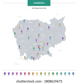 Cambodia map with location pointer marks. Infographic vector template, isolated on white background. 