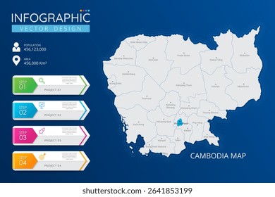 Cambodia map with location pointer marks. High detailed country map with division, cities and capital infographic template. Vector illustration EPS10
