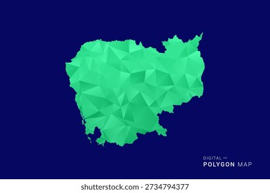 Mapa de Camboya - bajo Vector de polígono polivinílico, silueta triangulada geométrica en tonos verdes y azules, estilo moderno limpio, fondo aislado para uso infográfico.