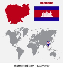 Cambodia map on a world map with flag and map pointer. Vector illustration