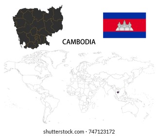 Cambodia map on a world map with flag on white background.
