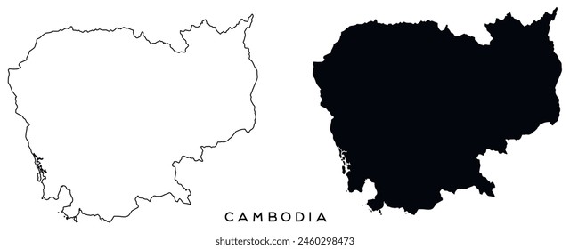 Cambodia map outlined and black vector set