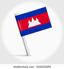 Icono de la bandera del alfiler del mapa de Camboya. Marcador de mapa de inclinación camboyana sobre una aguja de metal. Ilustración vectorial 3D realista.
