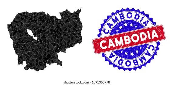 Cambodia map polygonal mesh with filled triangles, and distress bicolor stamp imitation. Triangle mosaic Cambodia map with mesh vector model, triangles have randomized sizes, and positions,