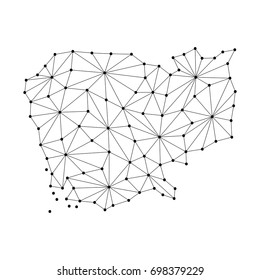Cambodia map of polygonal mosaic lines network, rays and dots vector illustration.